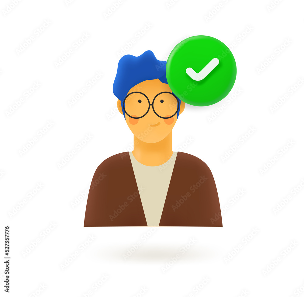 Poster clever young man icon with checkmark. 3d vector icon