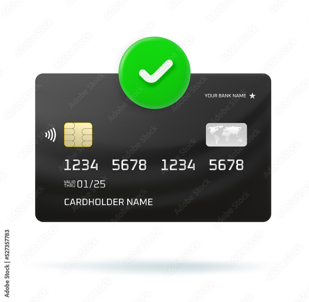 Poster Black banking card icon with checkmark. 3d vector icon