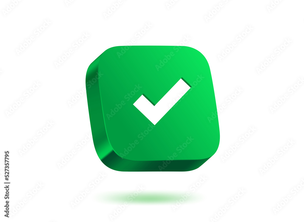 Poster green button with check mark on green background. 3d vector illustration