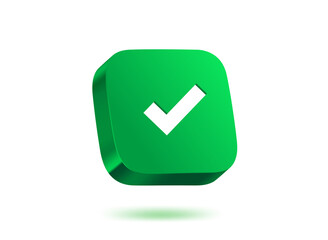 Green button with check mark on green background. 3d vector illustration