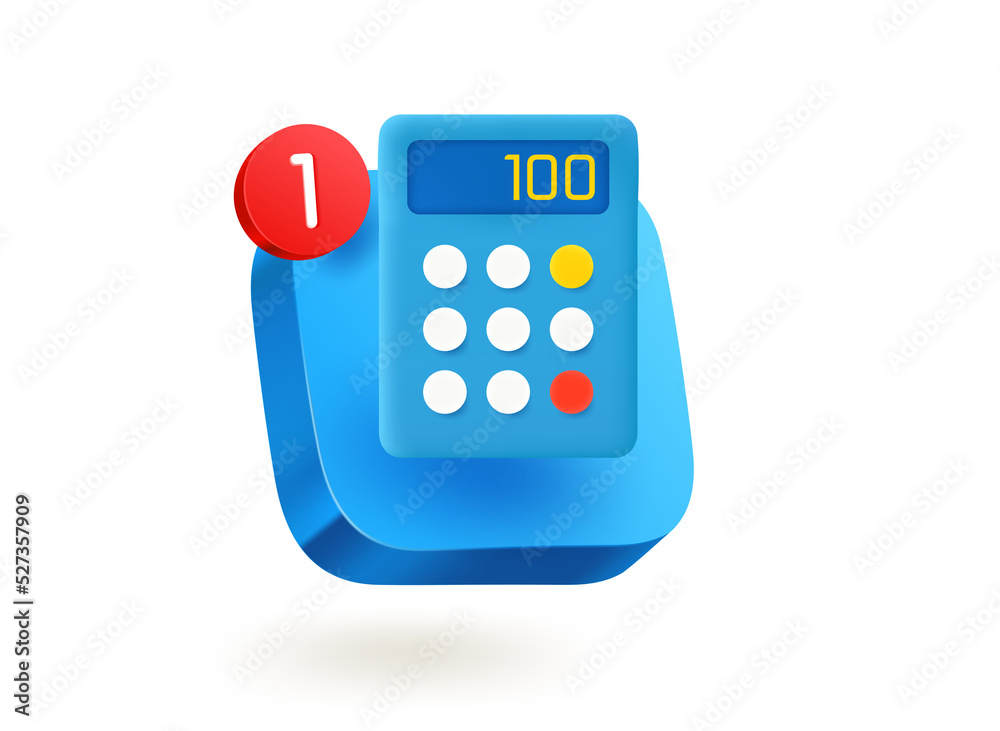 Poster calculator. 3d vector mobile application icon with notification