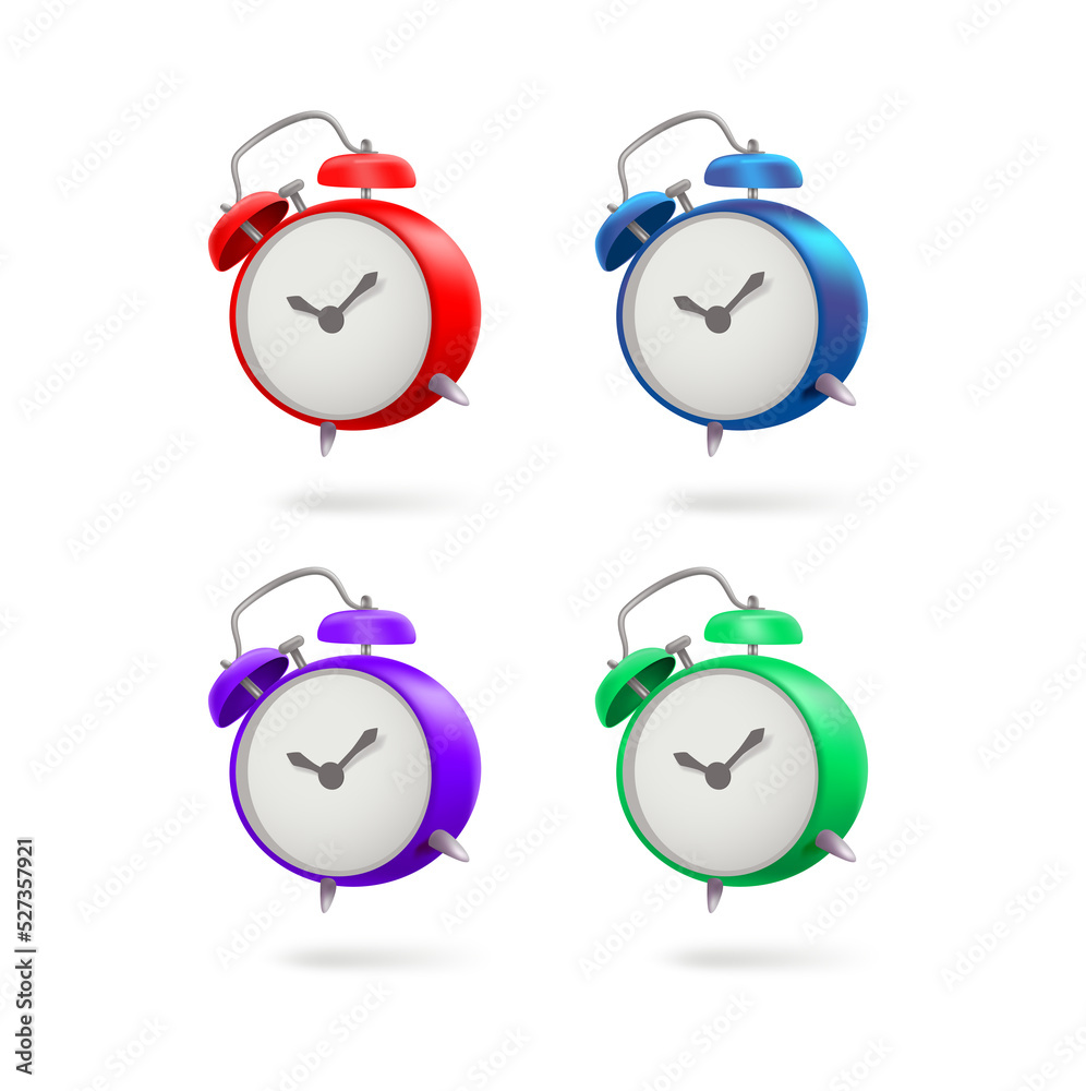 Poster Retro alarm clock set isolated on white background. 3d vector icons