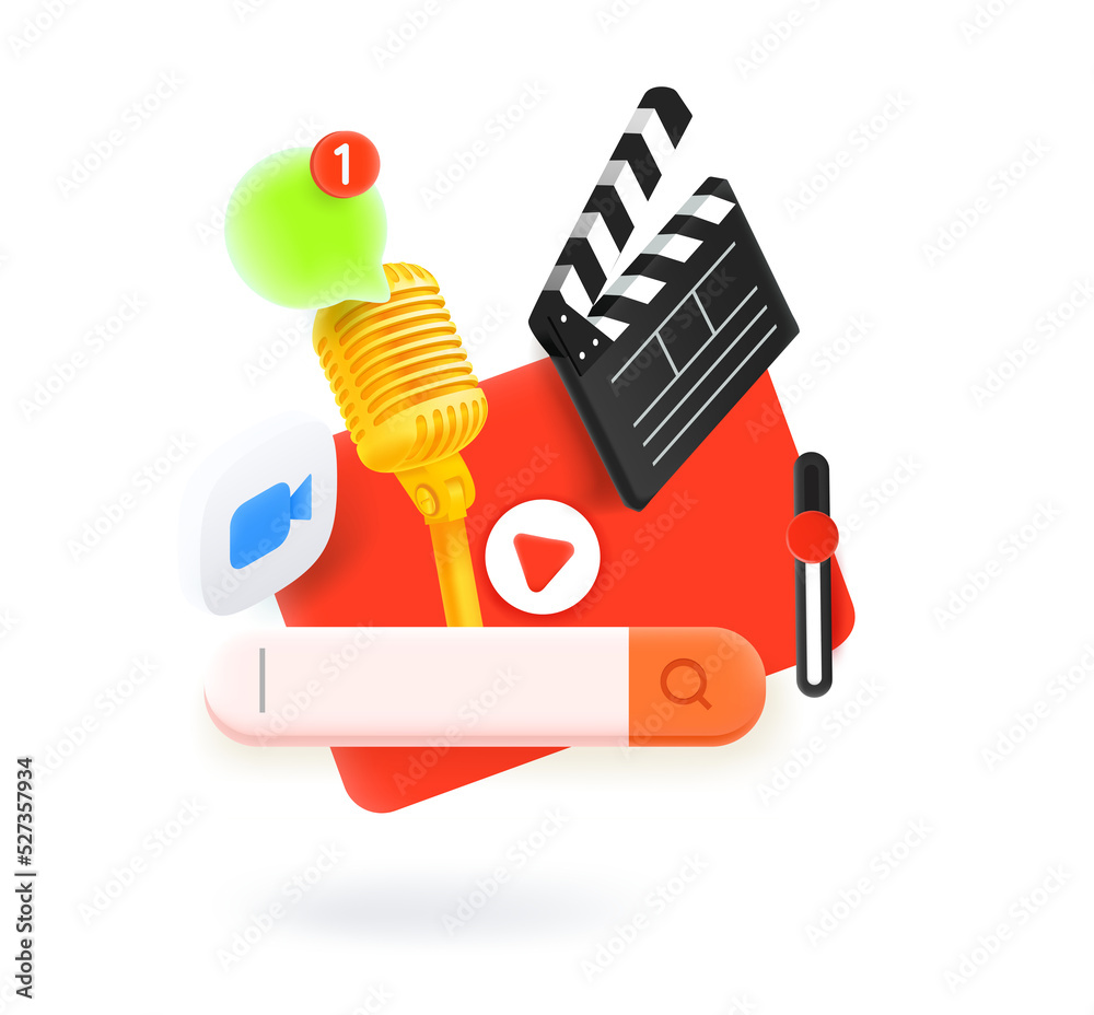 Poster making video project concept with clap, movie player, chat cloud and camera icon. 3d vector illustra