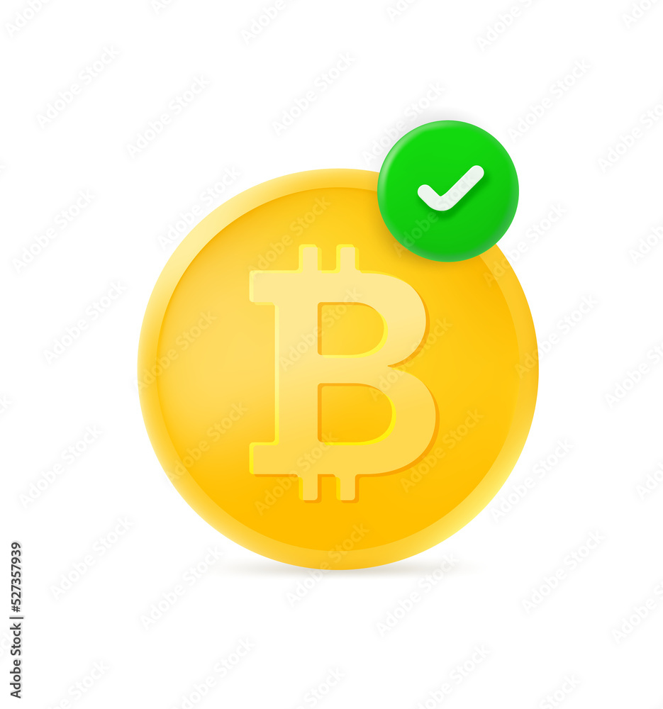 Poster golden bitcoin with green checkmark. 3d vector icon