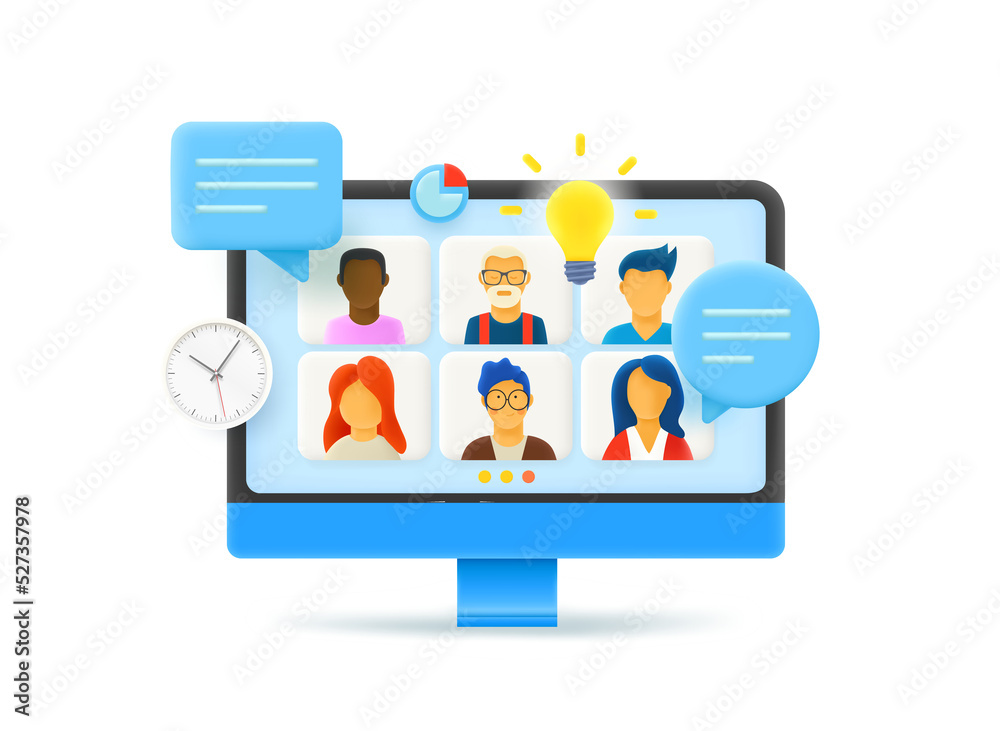 Poster Using modern computer for online video conference. Teamwork concept. 3d vector illustration