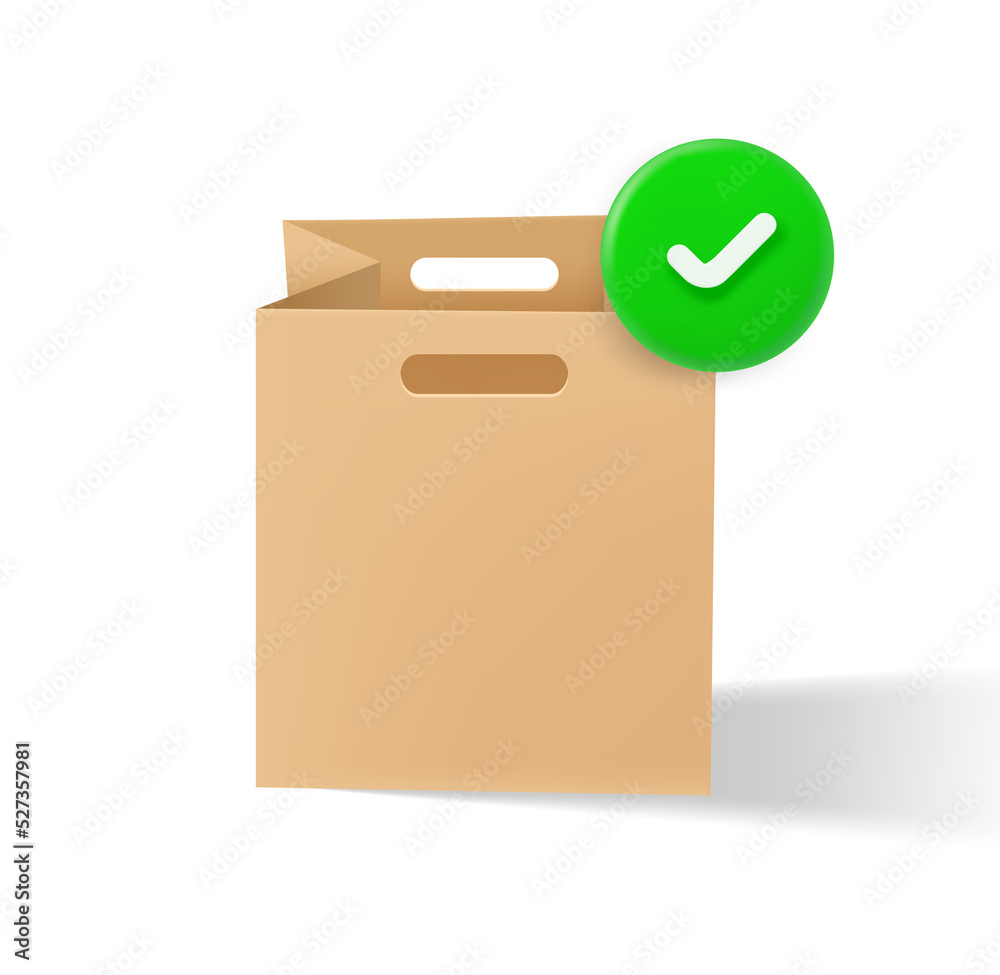Poster paper shopping bag icon with checkmark. 3d vector icon