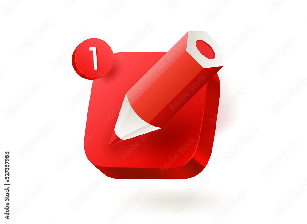 Aufkleber Red crayon on red button. 3d vector mobile application icon