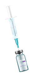 Vaccine glass vial with needle of syringe inside. 3d vector