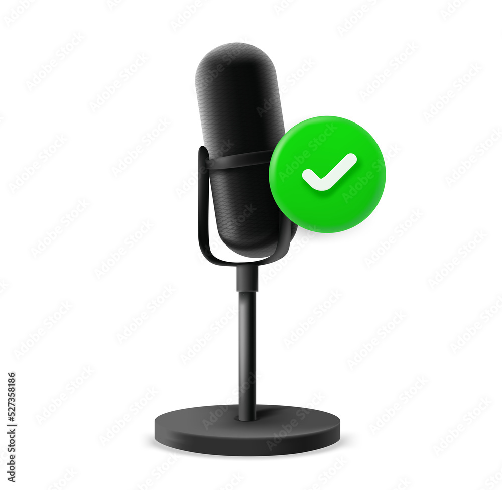 Poster Broadcast microphone icon with checkmark. 