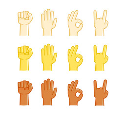 Fototapeta premium Different human races hand gestures comic style collection