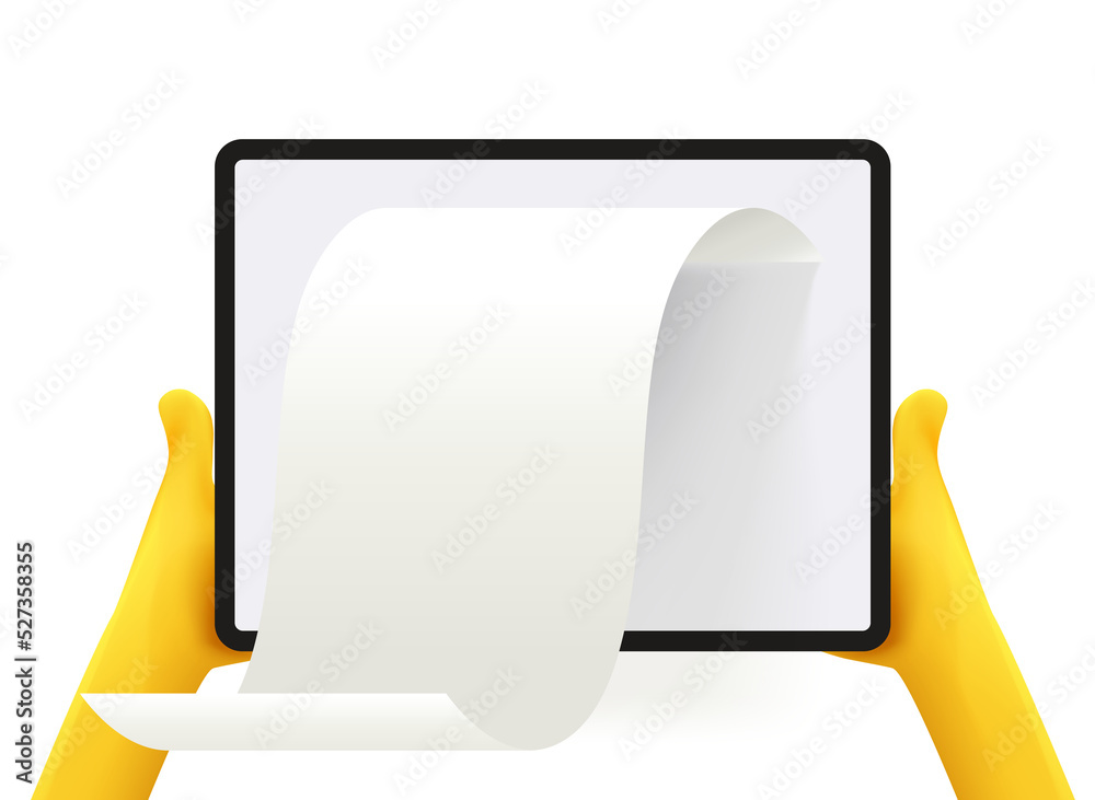 Aufkleber man holding tablet computer with paper report.
