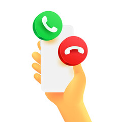 Cartoon hand with smartphone and call buttons.