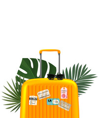 Travel suitcase and palm leaves. Summer travel concept. 