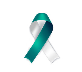 Cervical cancer awareness symbol. Teal and white ribbon isolated on transparent  background