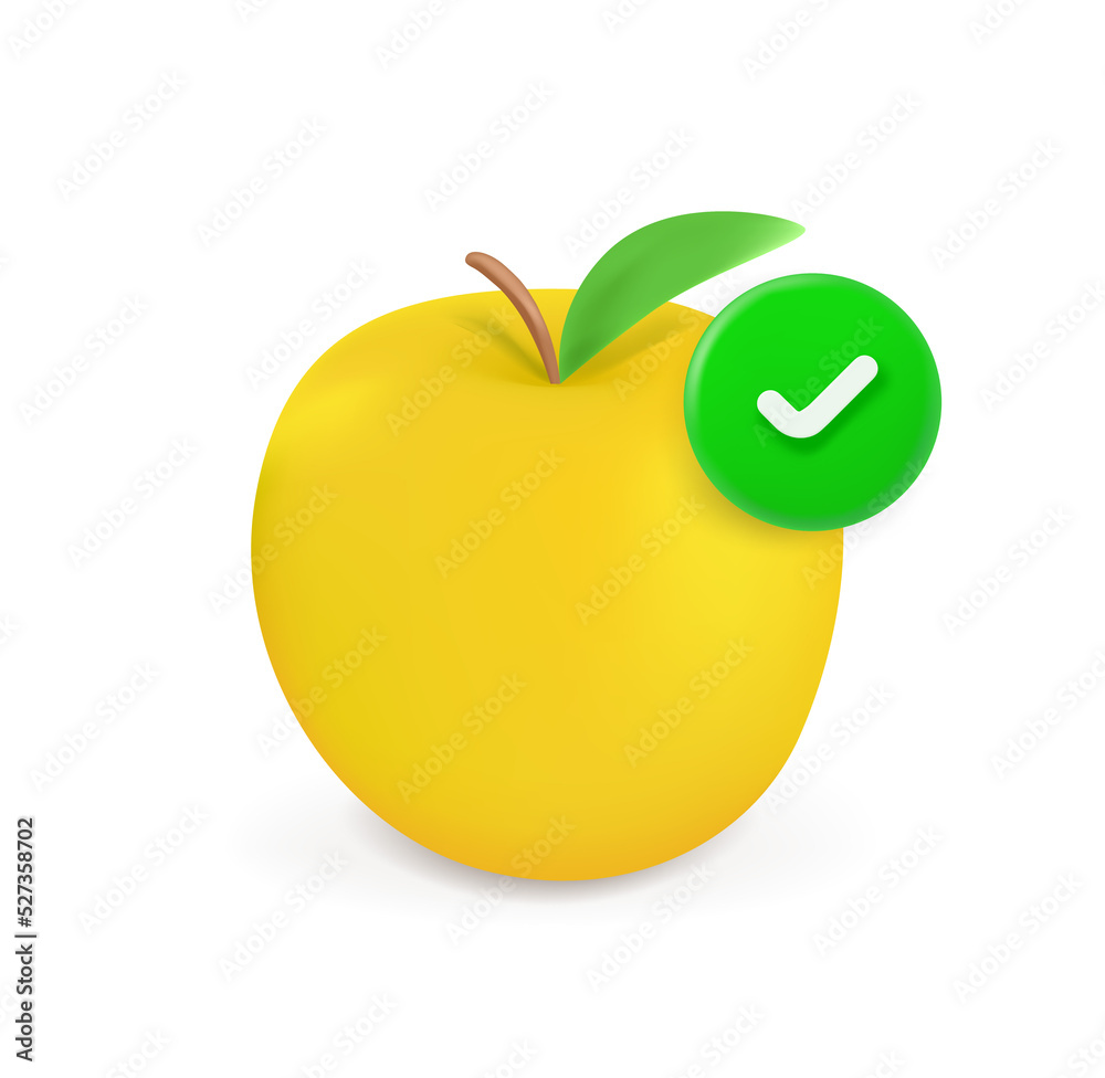 Poster fresh yellow apple icon with checkmark. 3d vector icon