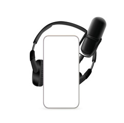 Audio application concept with smartphone, microphone and headphones