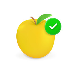 Fresh yellow apple icon with checkmark. 3d vector icon