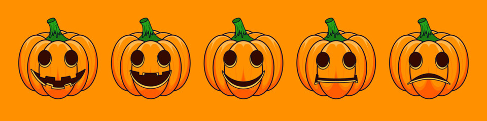 Happy Halloween outline drawing cartoon pumpkins. Main symbol of Happy Halloween holiday. Orange pumpkins with scary smile Halloween. Horizontal holiday poster, header for website.