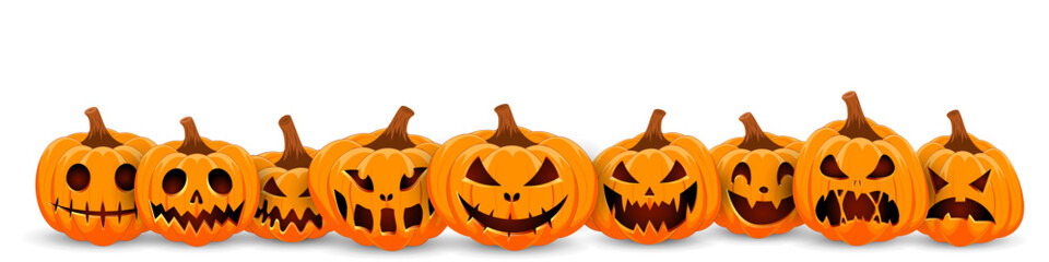 Happy Halloween banner. Pumpkins isolated. Main symbol of Happy Halloween holiday. Orange pumpkins with scary smile Halloween. Horizontal holiday poster, header for website. - obrazy, fototapety, plakaty