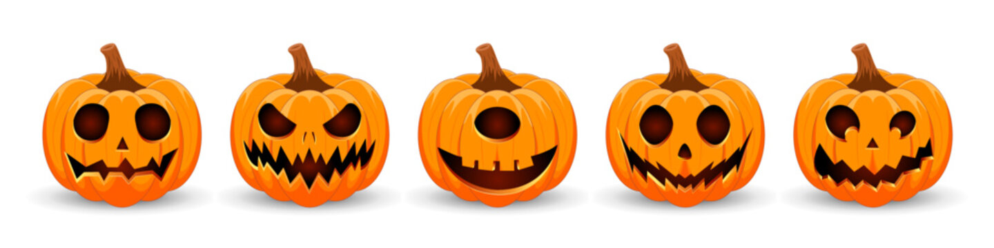 Happy Halloween banner. Pumpkins isolated. Main symbol of Happy Halloween holiday. Orange pumpkins with scary smile Halloween. Horizontal holiday poster, header for website.