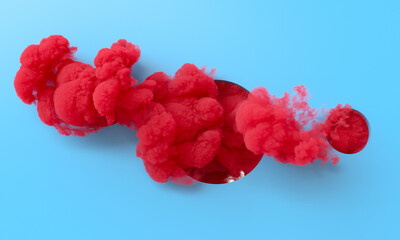 red smoke comes out of a circular hole in a light blue background.