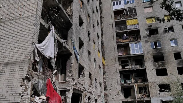 Damaged residential building in Ukrainian city of Chernihiv near Kyiv in northern Ukraine. Ruins during the war of Russia against Ukraine. Walls of a destroyed building by enemy aircraft or artillery