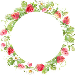 Strawberry wreath. Watercolor clipart