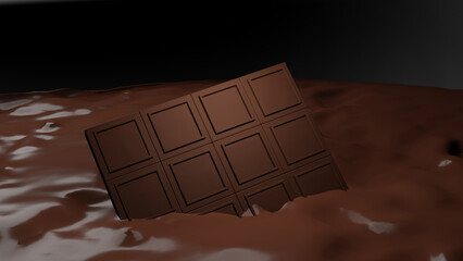 A chocolate bar is dipping in a chocolate milk (3D Rendering)
