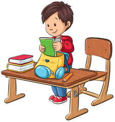 Ein Junge schafft  Ordnung in seinem Schultornister