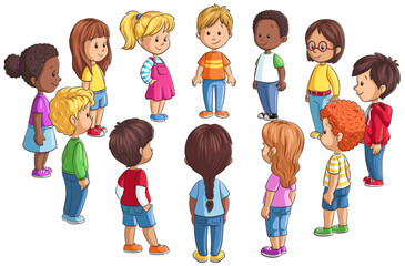 Mehrere Kinder stehen sich in einem Kreis gegenüber - Vektor Illustration - 527360993