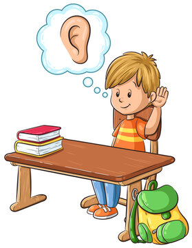 Ein Junge an einem Schultisch hört genau zu - Vektor Illustration