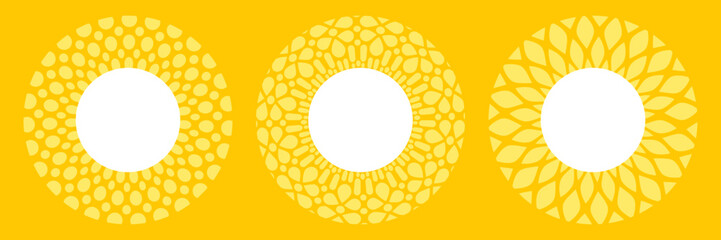 Fototapeta Cadres ronds ornés de motifs avec emplacement pour texte, cercles décoratifs pour étiquettes, vecteur modifiable, ressource graphique pour support de communication,style soleil et pétales de fleur obraz