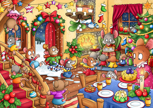Wimmelbild - Weihnachten bei einer M&auml;usefamilie