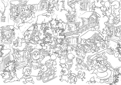Wimmelbild: Wichtel feiern gemeinsam Weihnachten