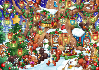 Wimmelbild: Eichhörnchen feiern gemeinsam Weihnachten - 527361512
