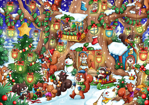 Wimmelbild: Eichhörnchen feiern gemeinsam Weihnachten