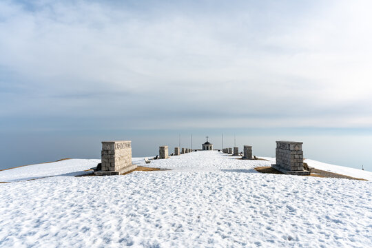 View along Monumento al Militi Ignoti (the unkow soldier) towards Sacello della Madonna delle Genti Venete on Monte Grappa in Vicenza Italy