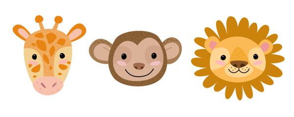 Cute animal face characters set in cartoon style. Giraffe, monkey and lion isolated vector. © Roonikart