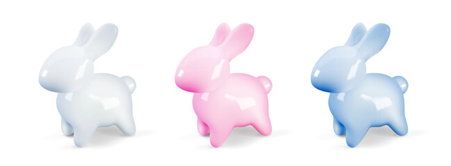 Set of 3D rendering ceramic rabbits. Symbol of 2023 New Year, easter and Mid Autumn Festival. Isolated vector.