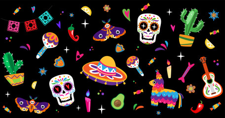 Dia de los muertos - Day of the dead set with Skulls, pinata, moth and sombrero.