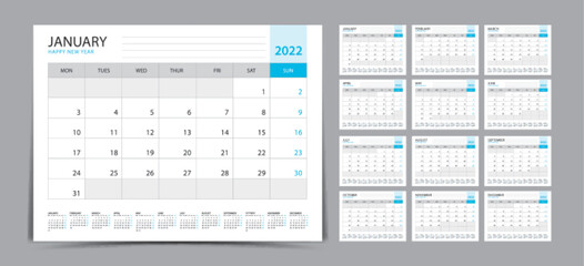 Desk calendar 2022 Set, Monthly calendar template for 2022 year. Week Starts on Sunday. Wall calendar 2022 in a minimalist style, Set of 12 months, Planner, printing template, office organizer vector