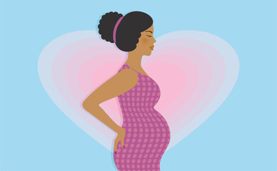 Lovely pregnant woman with hearts in background. Vector illustration.
