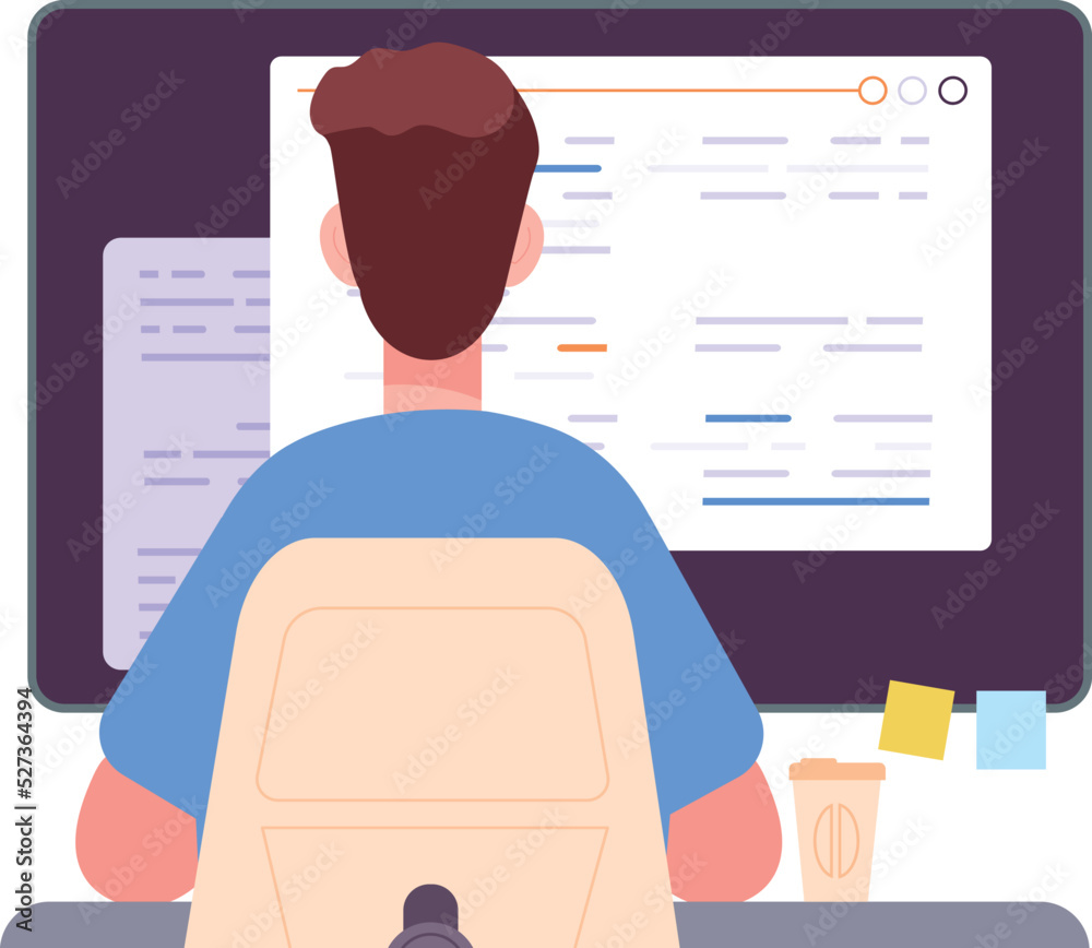 Poster programmer work back view. code engineering screen