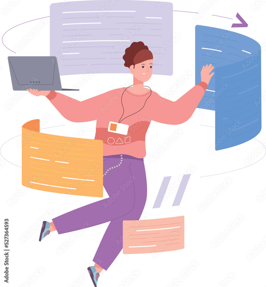 Poster woman programming. software developer working. person looking at code
