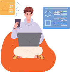 Web developer working on laptor from home. Freelancer character