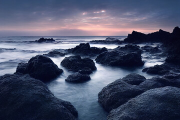 beautiful ocean beach with rocks, long exposure waves, sunset coast background, 3d render, 3d illustration