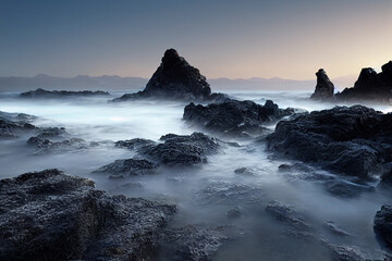 Fototapeta premium beautiful ocean beach with rocks, long exposure waves, sunset coast background, 3d render, 3d illustration