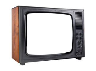 Old TV with white screen isolated on white background. Vintage TVs 1960s 1970s 1980s 1990s 2000s.