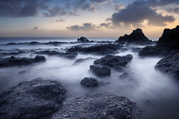 Fototapeta premium beautiful ocean beach with rocks, long exposure waves, sunset coast background, 3d render, 3d illustration