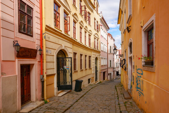bratislava, slovakia - oct 16, 2019: narrow streets of the old city center. autumn vacations in europe. sunny weather at high noon